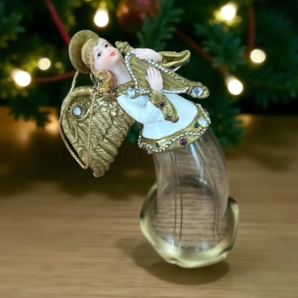 Vintage Glass Jeweled Set Of 2 Angel Playing Instruments Christmas Tree Angels